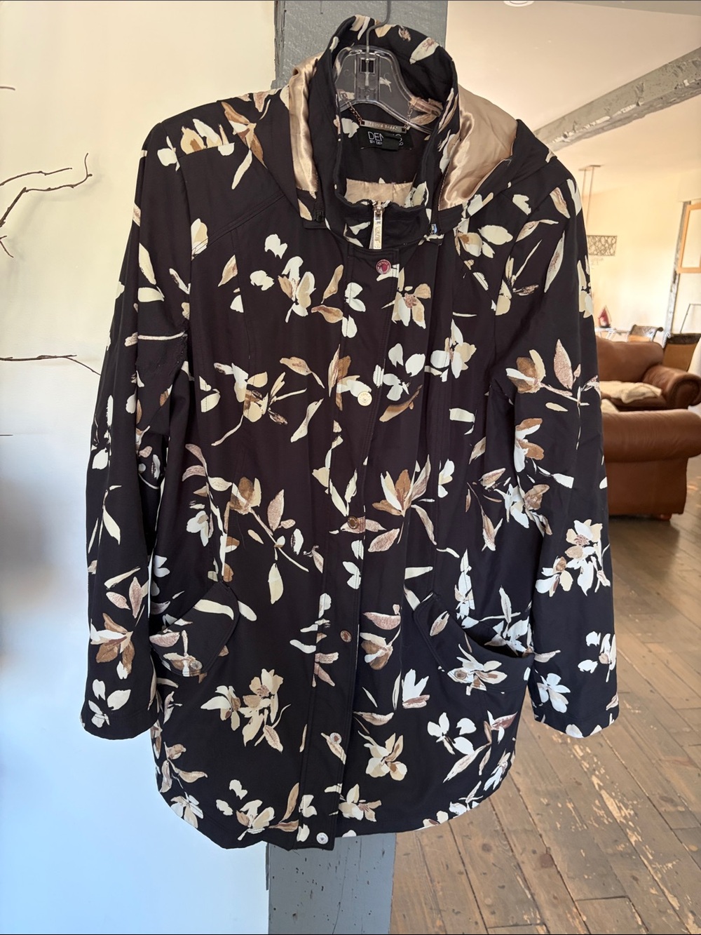 Women's Floral Hooded light Coat - Black & Beige by Dennis basso
